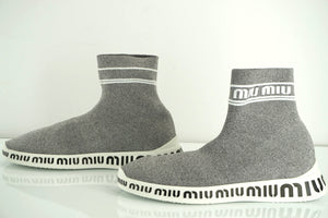 Miu Miu Logo Heel Sock High Top Sneaker SZ 38.5 Silver Glitter Fabric NIB $745