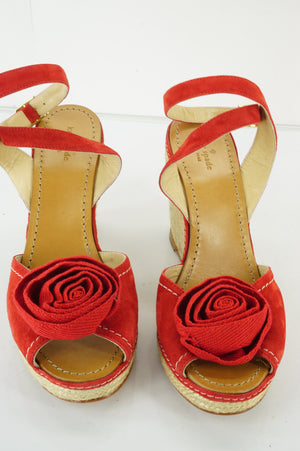 Kate Spade New York Red Suede Brit Flower Toe Wedge Heel Sandals Size 10.5 NIB