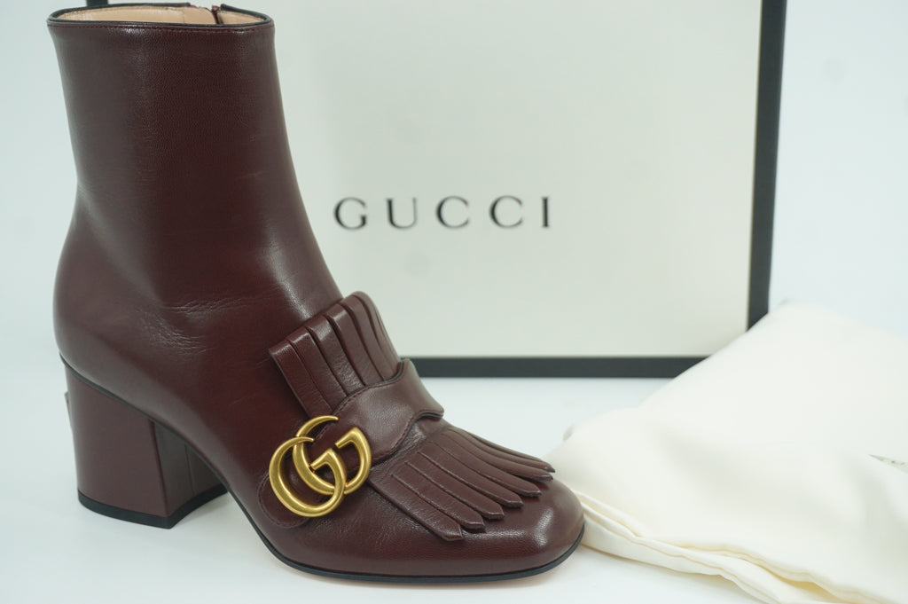 Gucci Marmont GG Kiltie Fringe Leather Ankle Boots Pumps SZ 35.5 NIB Logo $1250