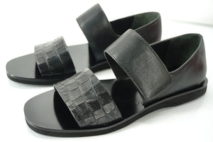 Vince Black Croc Leather Salina Flat Wide Strappy Sandals Size 6 NIB $275 Womens