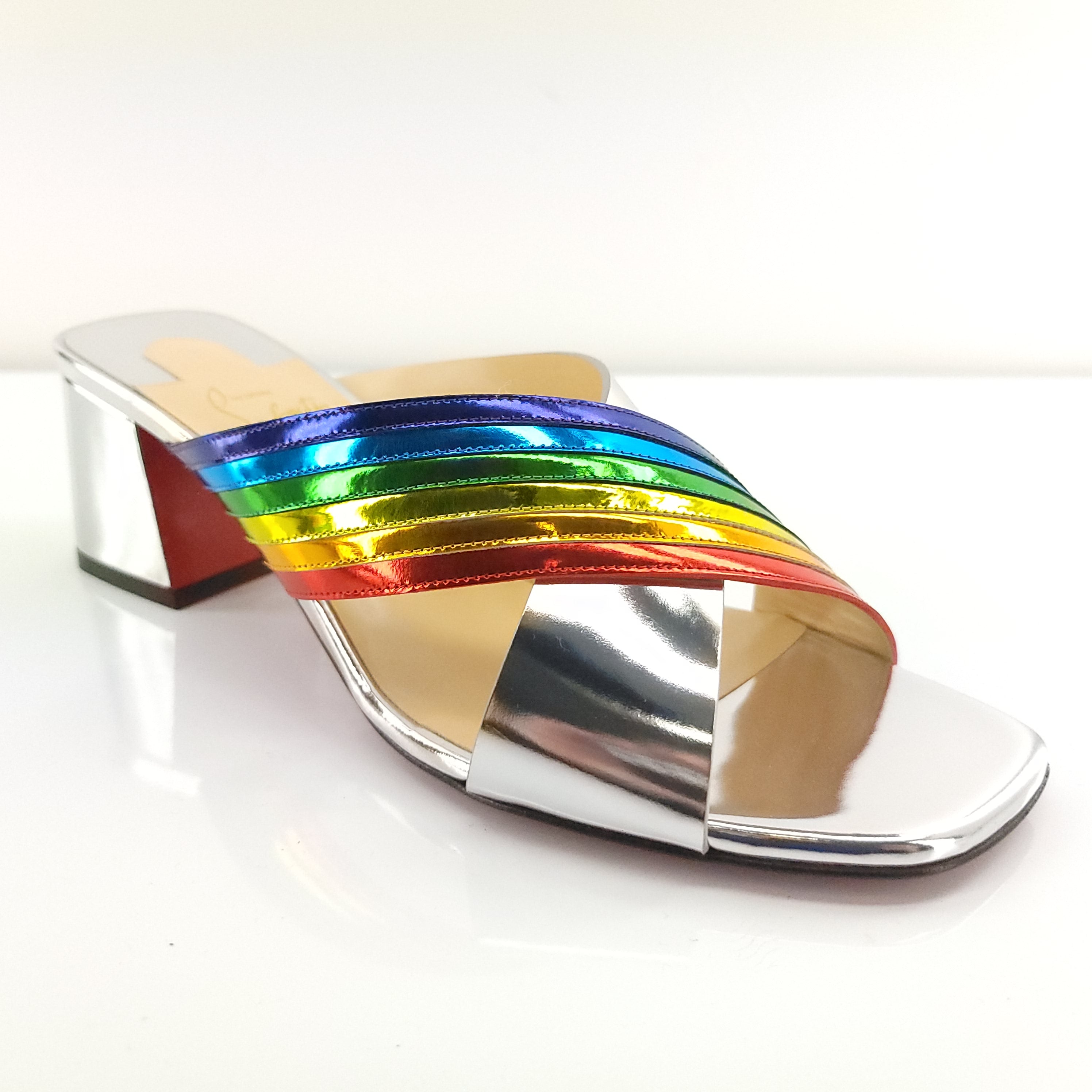 Christian Louboutin Arkenmule 55 Silver Rainbow Slide Sandal SZ 38.5 NIB