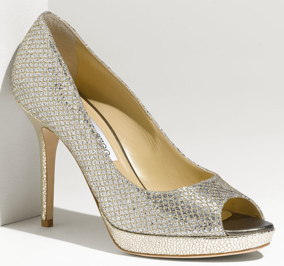 Jimmy Choo Luna Glitter Peep Toe Pumps SZ 37.5 High Heels platform $675