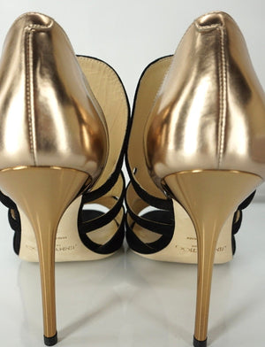 Jimmy Choo Tarine Black Suede Gold Leather Open Toe Cut Out Sandals SZ 38.5 $895