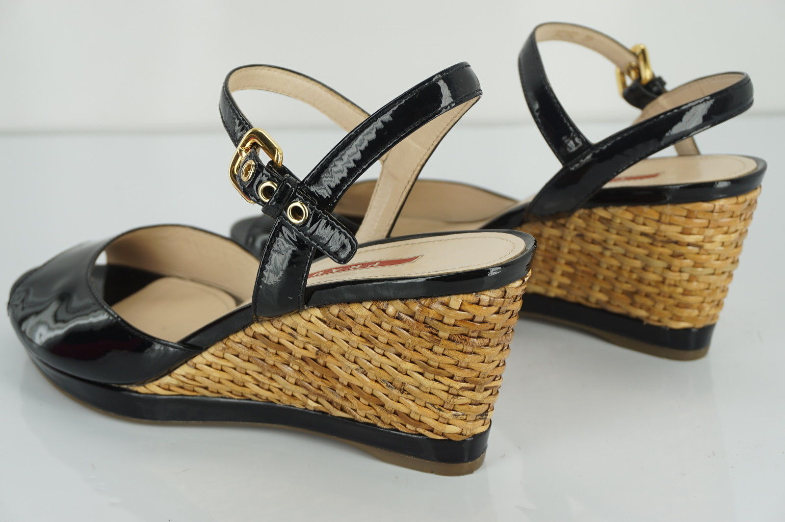 Prada Sport Black Patent Ankle Strap Woven Raffia Wedge Heel Sandals Size 39