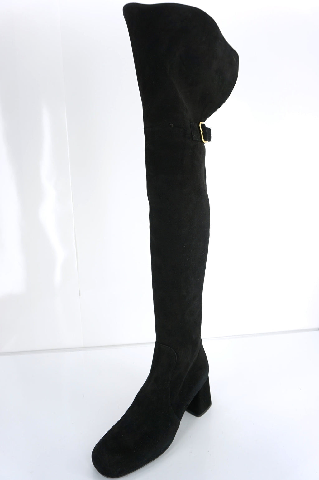 Prada Black Suede Leather Over The Knee Block Heel Boots Size 37 New Tall $1895