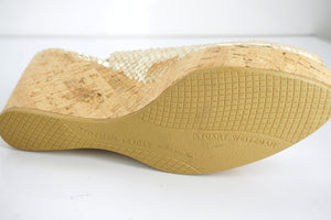 Stuart Weitzman Jean Metallic Snake Slingback Cork Wedge Heel Sandal SZ 10.5 New