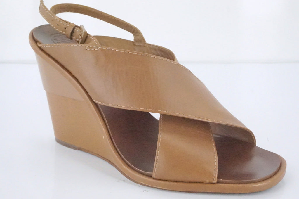 Tory Burch Brown Leather Gabrielle Cross Strap Slingback Wedge Sandals SZ 9 $350