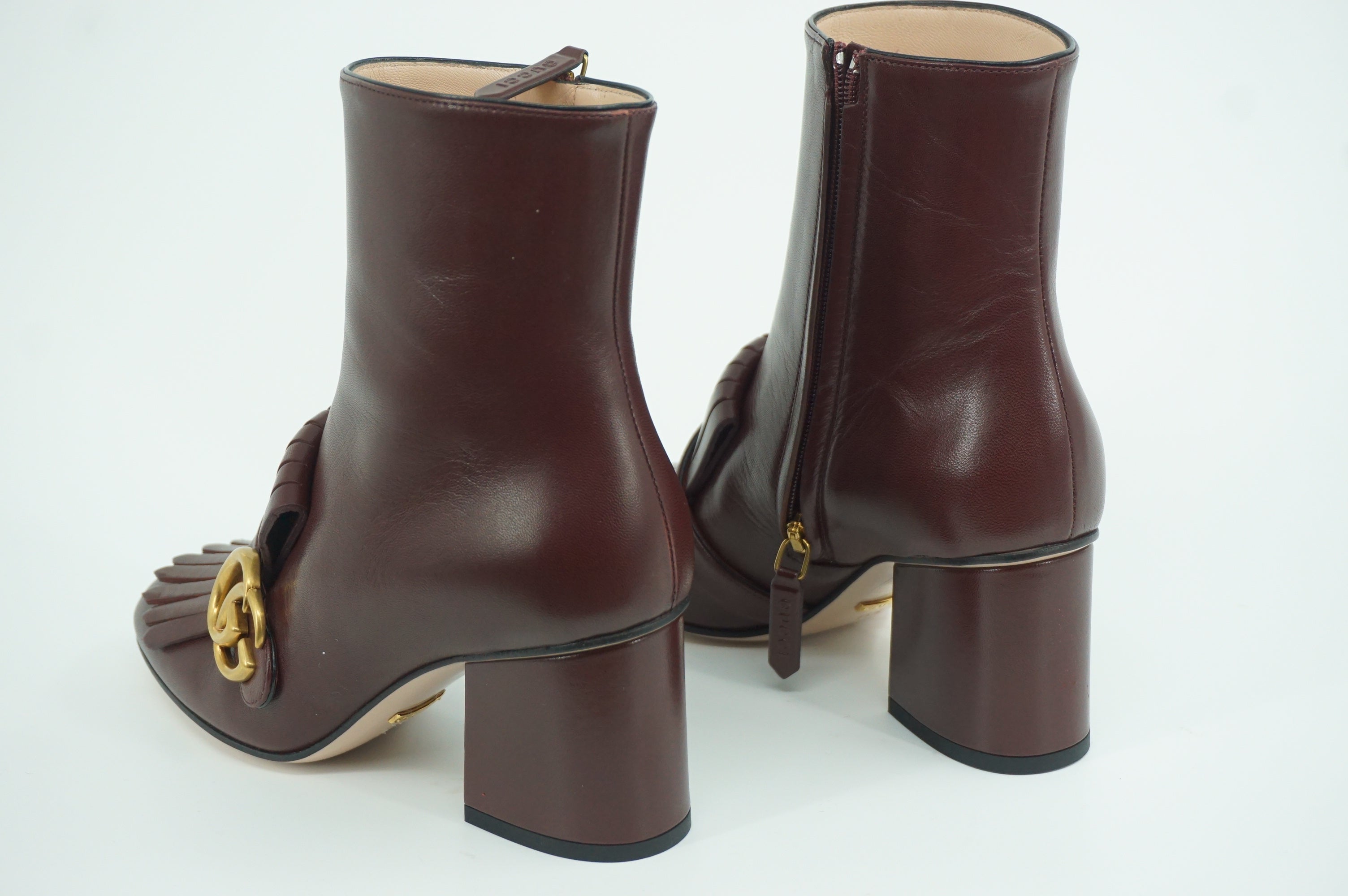 Gucci Marmont GG Kiltie Fringe Leather Ankle Boots Pumps SZ 35.5 NIB Logo $1250