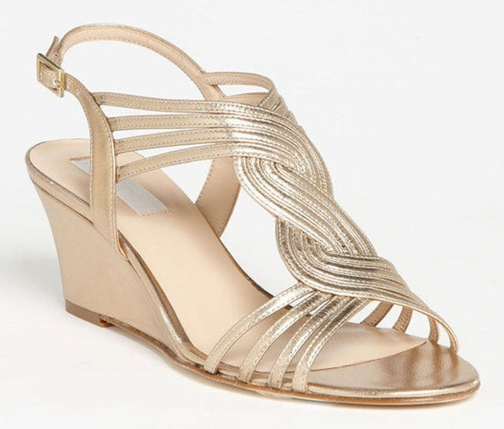 L.K. Bennett Metallic Gold Leather Dunes Caged Strappy Wedge Sandals size 36 New