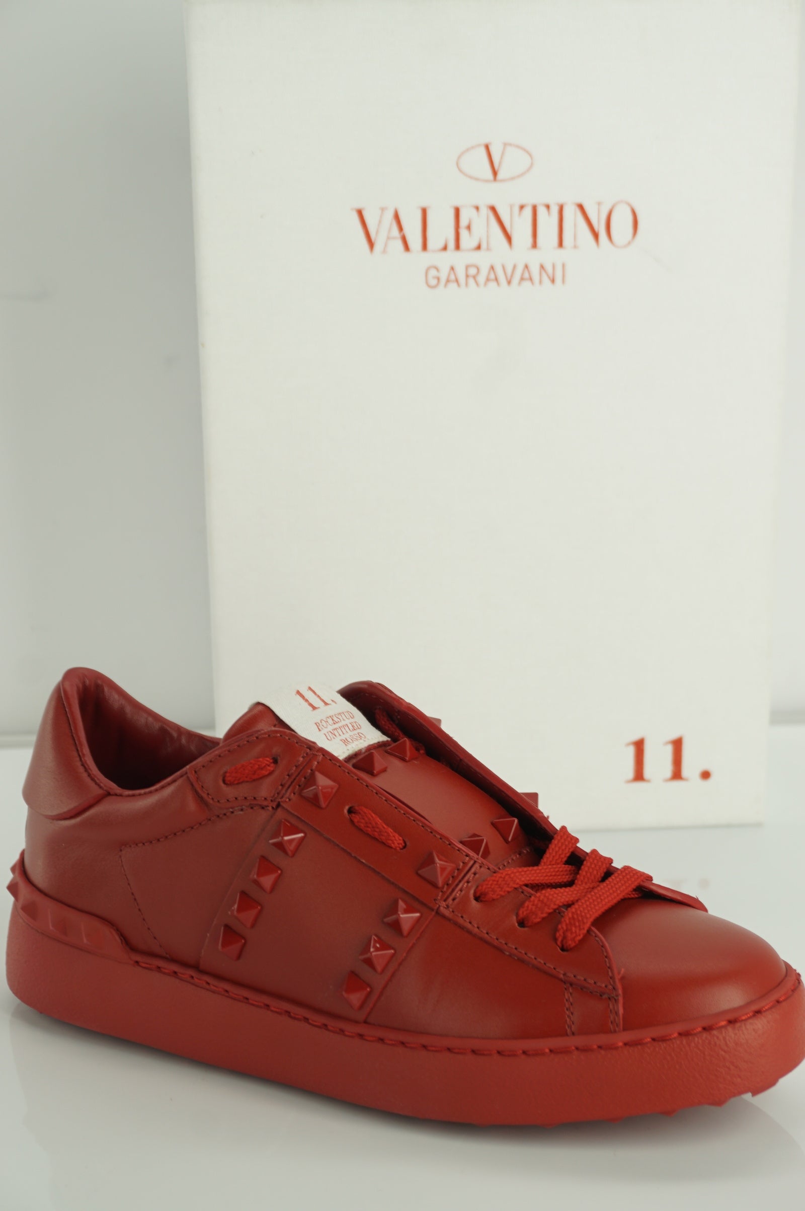 Valentino Rockstud Red Leather Sneaker Flats Size 36 low top lace up NIB $795
