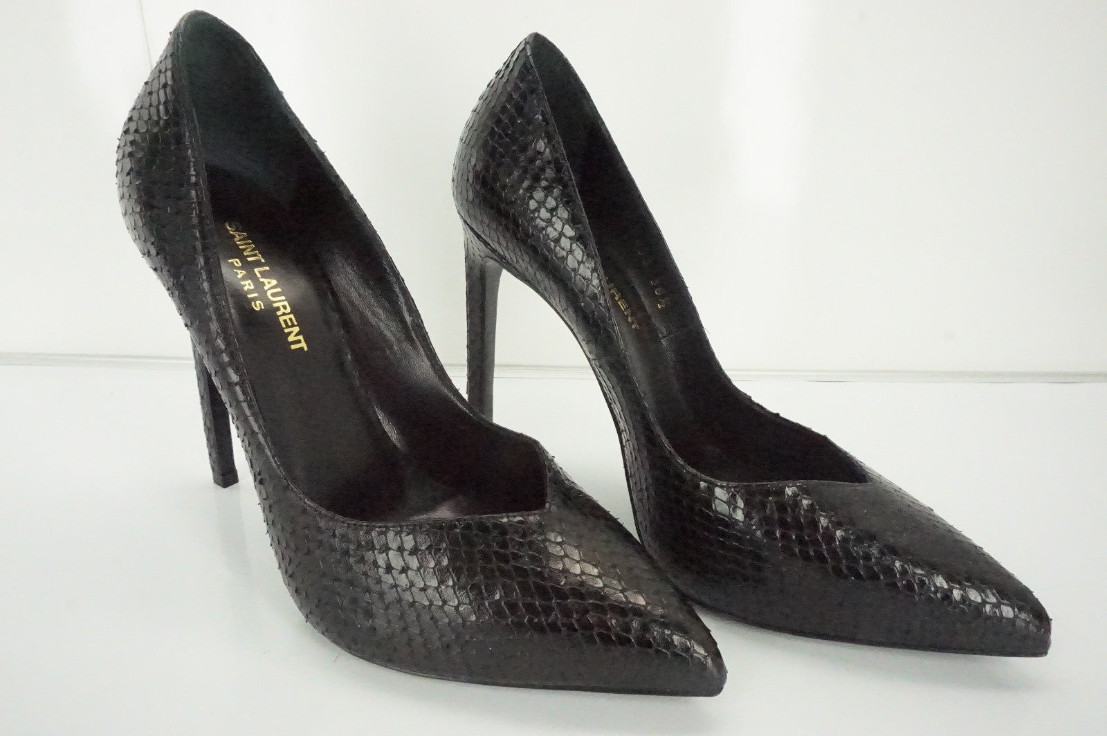 Saint Laurent Black Snake Paris Crystal Heel Pointy Toe Pumps SZ 38.5 NIB $895