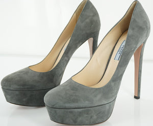 Prada Grey Suede Classic Round Toe Platform Heel Pumps SZ 40.5 10.5 NIB $750