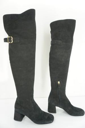 Prada Black Suede Leather Over The Knee Block Heel Boots Size 37 New Tall $1895