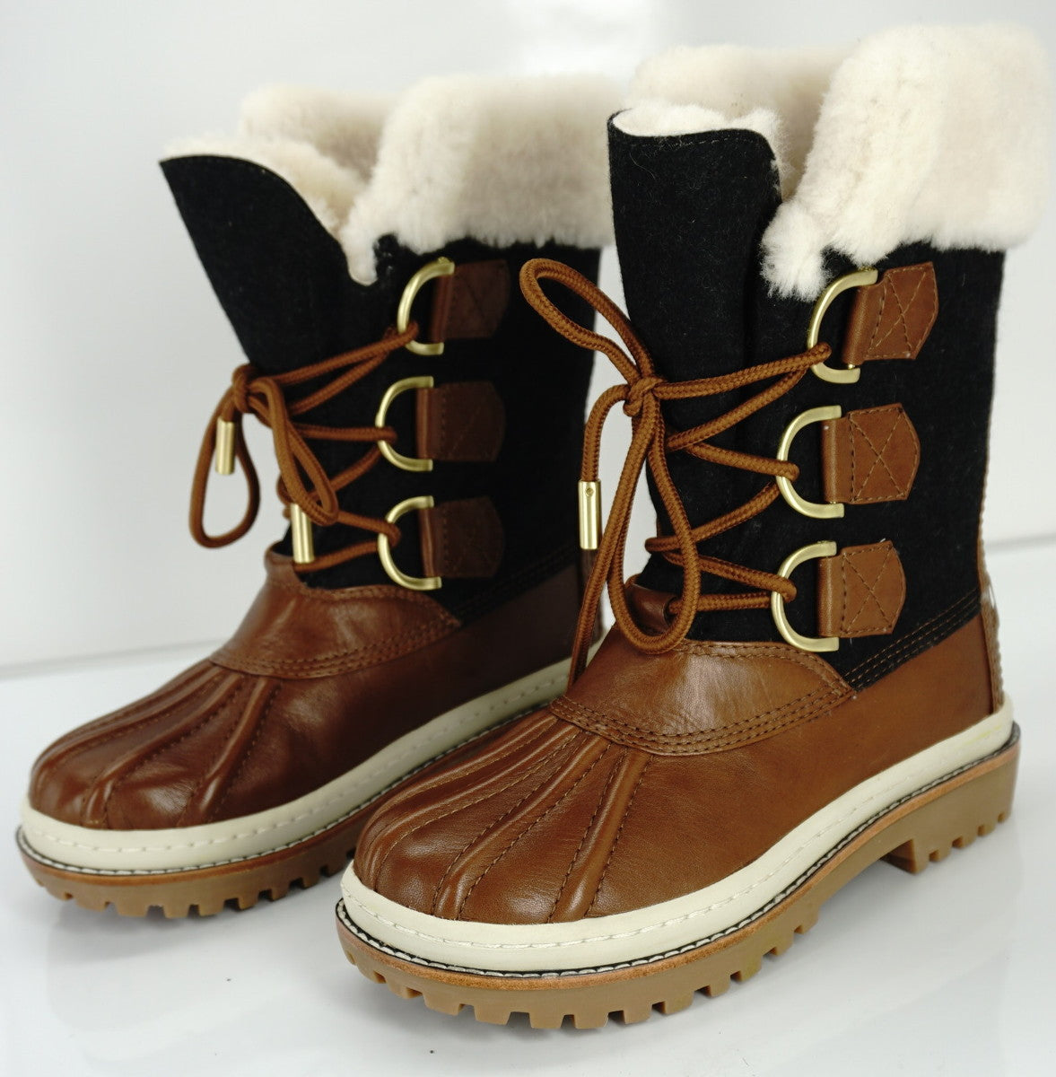 Tory Burch Grey Flannel Brown Leather Duck Boots Size 5 Shearling Trim NIB $295
