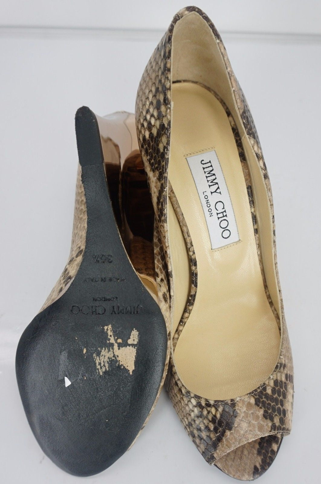 Jimmy Choo Baxen Beige Snake Leather Open Toe Wedge Heel Pump Size 36.5 $650