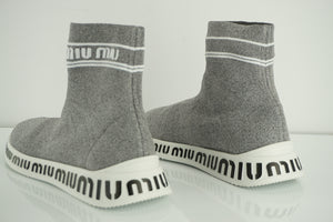 Miu Miu Logo Heel Sock High Top Sneaker SZ 38.5 Silver Glitter Fabric NIB $745