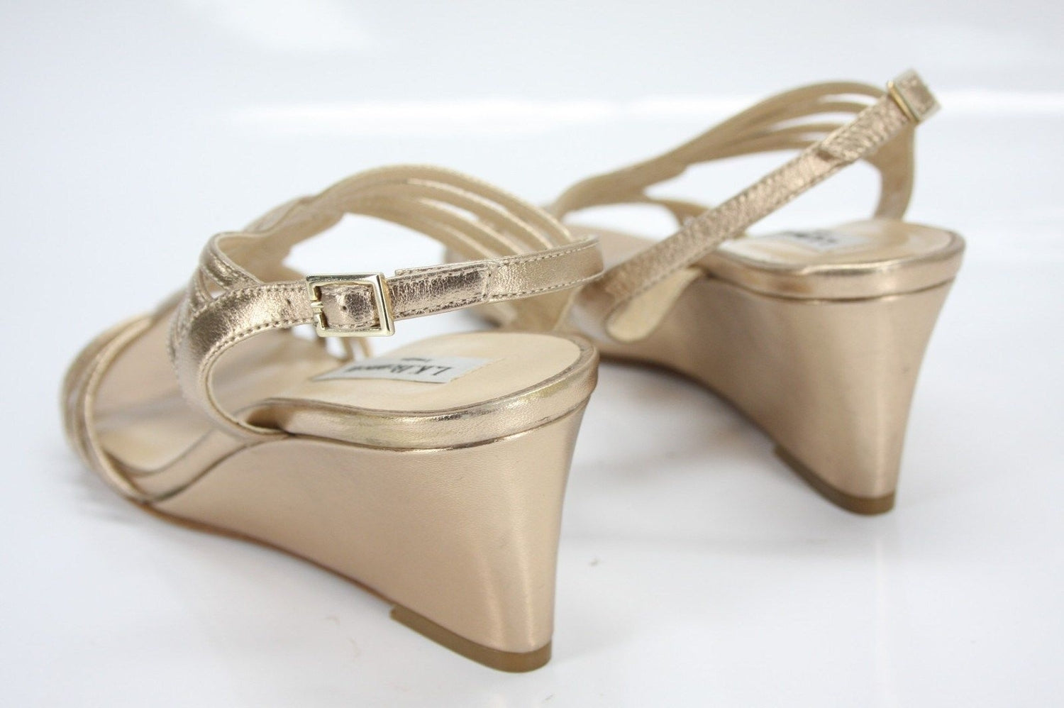 L.K. Bennett Metallic Gold Leather Dunes Caged Strappy Wedge Sandals size 36 New