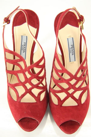 Prada Caged Red Suede Strappy Platform High Heel Sandals Size 36.5 New $850