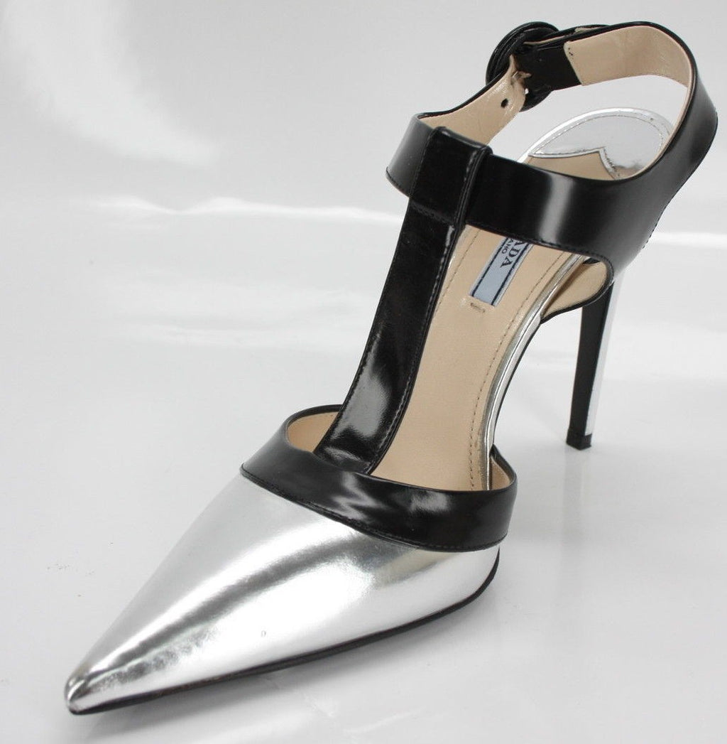 Prada Silver Leather Black T Strap Pointy Toe Leather Pumps Size 39.5 New $750