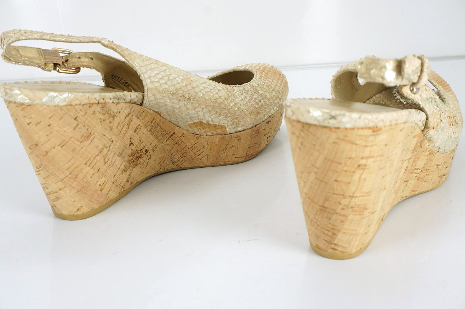 Stuart Weitzman Jean Metallic Snake Slingback Cork Wedge Heel Sandal SZ 10.5 New