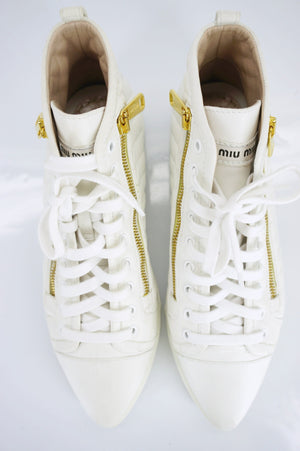 Miu Miu White Leather High Top Zipper Sneakers Size 38.5 New $650