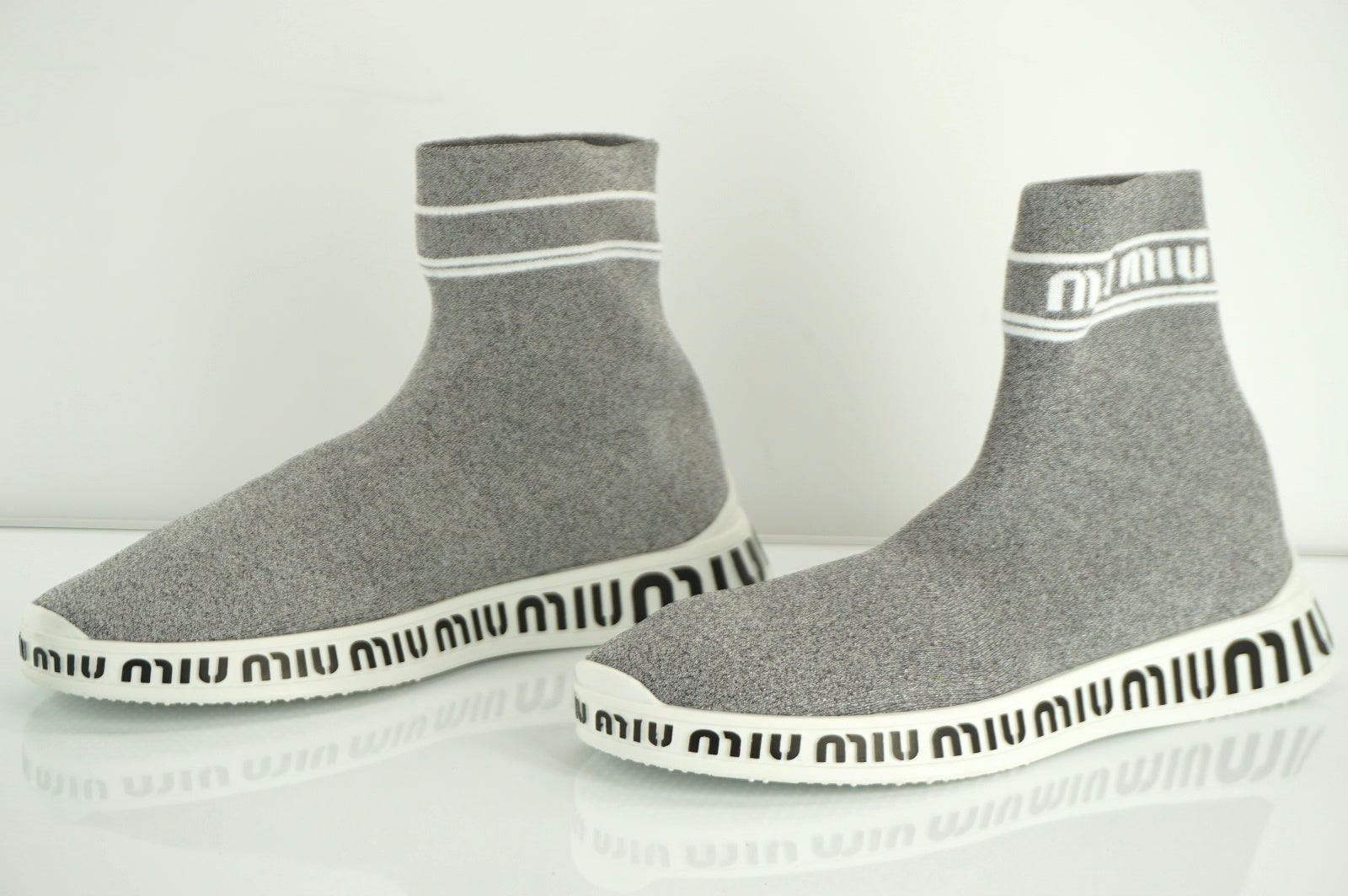 Miu Miu Logo Heel Sock High Top Sneaker SZ 38.5 Silver Glitter Fabric NIB $745