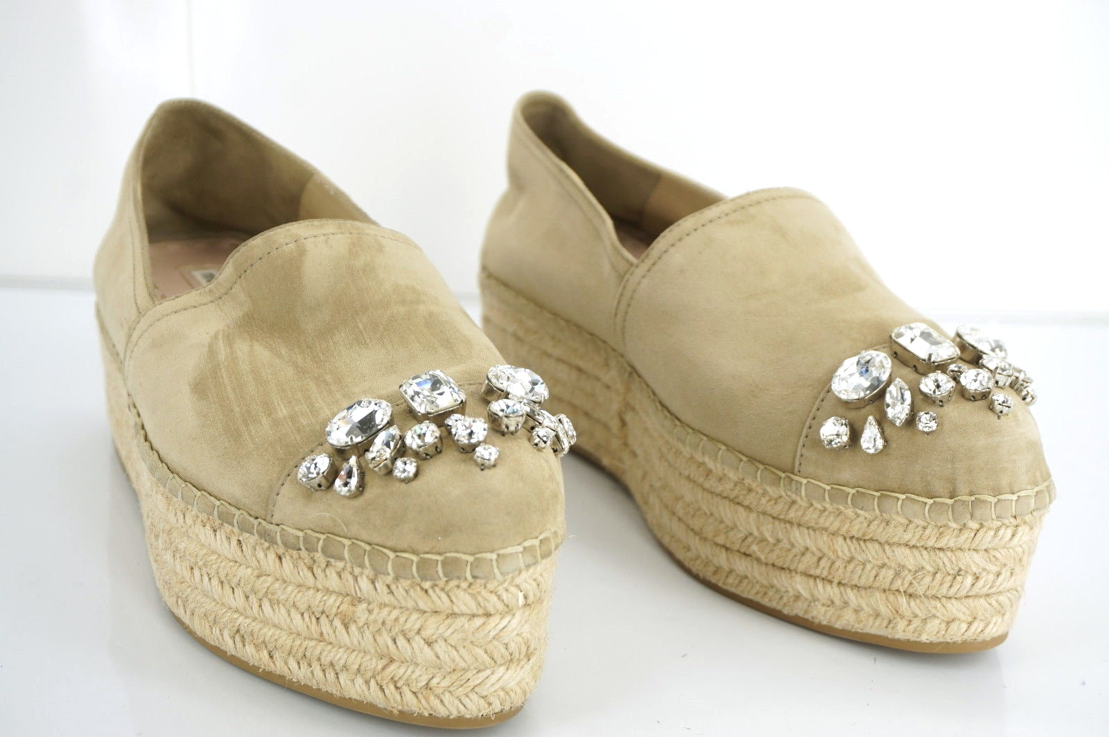 Miu Miu Beige Suede Crystal Jewel Toe Platform Espadrilles SZ 42 12 Slip on $790