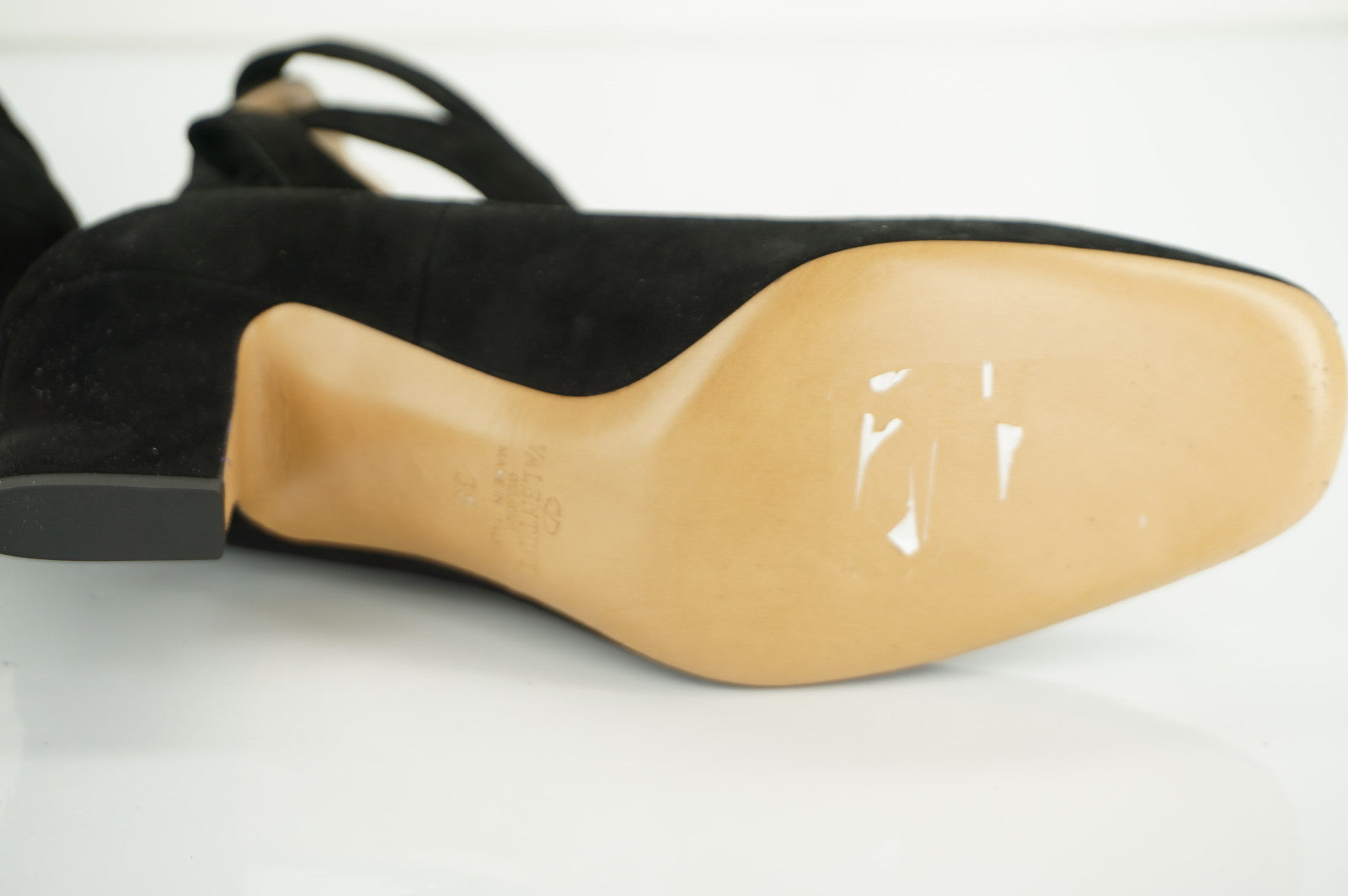 Size 38 Valentino Plum Ankle Wrap Block Heel Sandal Black Suede $995 NIB