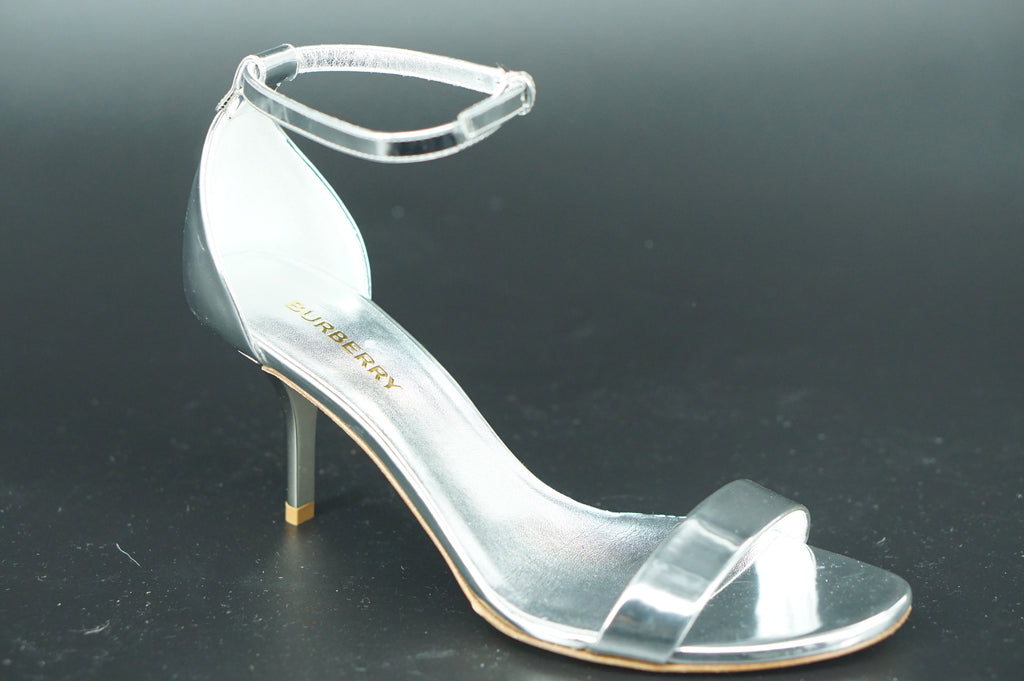 Burberry Danya Silver Leather High Heel Sandals Size 37.5 New $770 Ankle