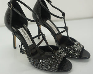 Jimmy Choo Piper Black Studded Crystal Strappy Heel Sandals Size 37.5 New $1575