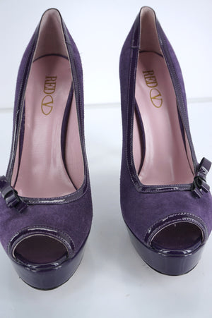 RED Valentino Purple Suede Open Toe Platform Pumps Size 40.5 10.5 bow $450