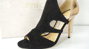 Jimmy Choo Tarine Black Suede Gold Leather Open Toe Cut Out Sandals SZ 38.5 $895