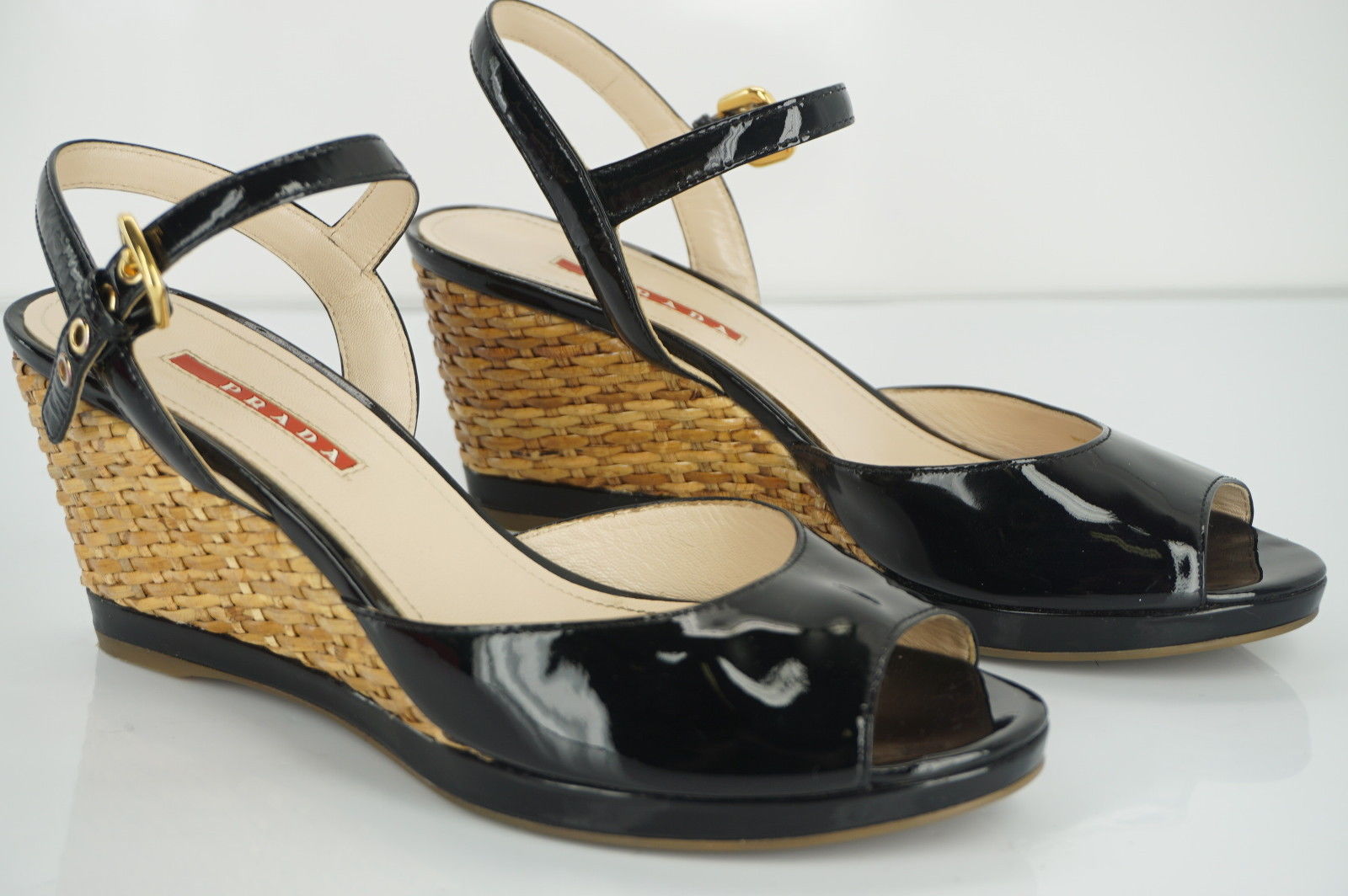 Prada Sport Black Patent Ankle Strap Woven Raffia Wedge Heel Sandals Size 39