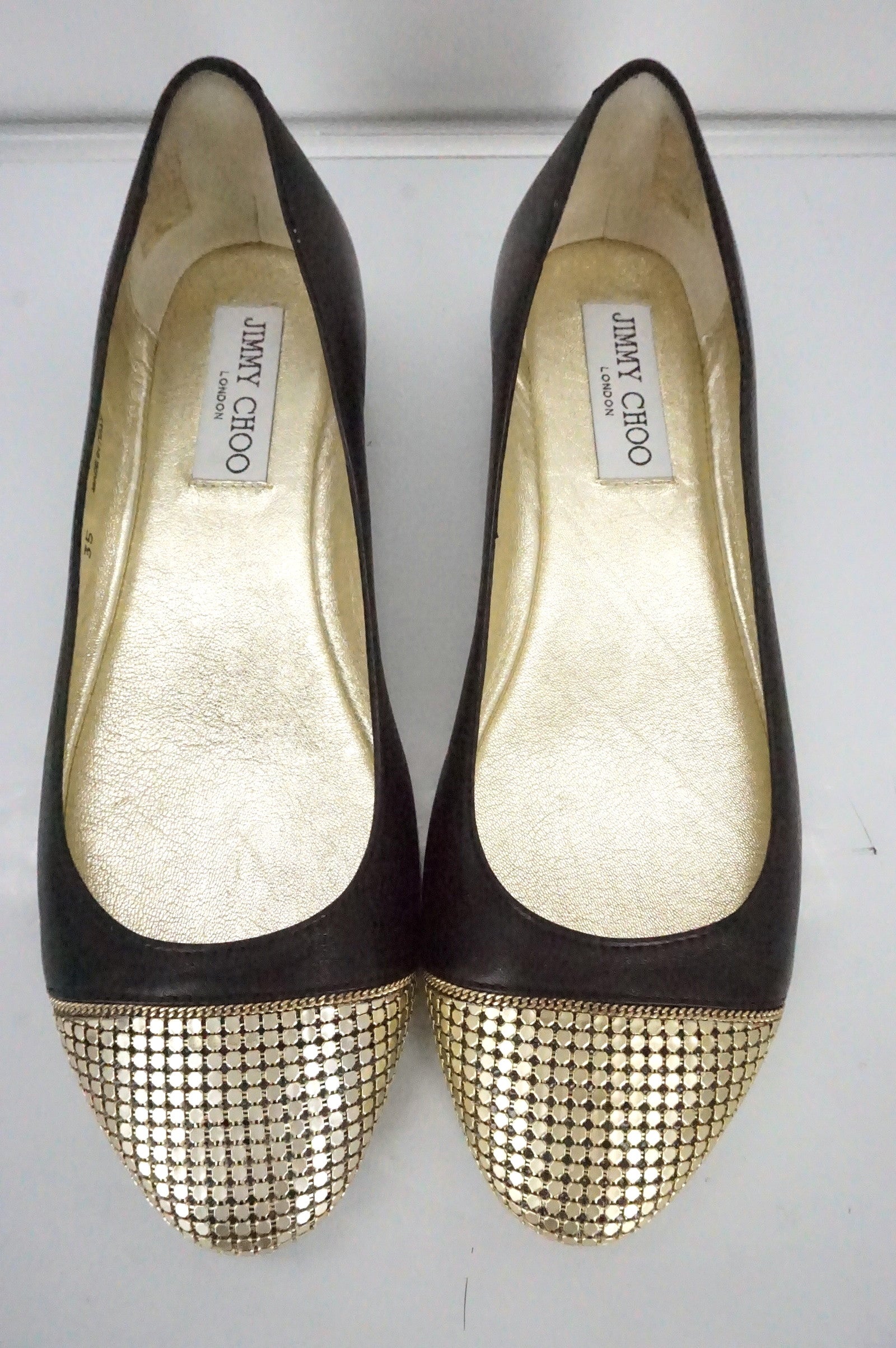 Jimmy Choo Waine Black Leather Gold Studded Cap Toe Ballet Flats SZ 35 NIB $565