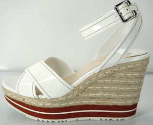 Prada White Leather Ankle Strap Espadrille Wedge Sandals Size 11 41 $850 NIB
