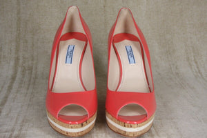 Prada Pink Patent Platform Wedge Heel Espadrille Peep Pumps Size 39.5 NIB $790