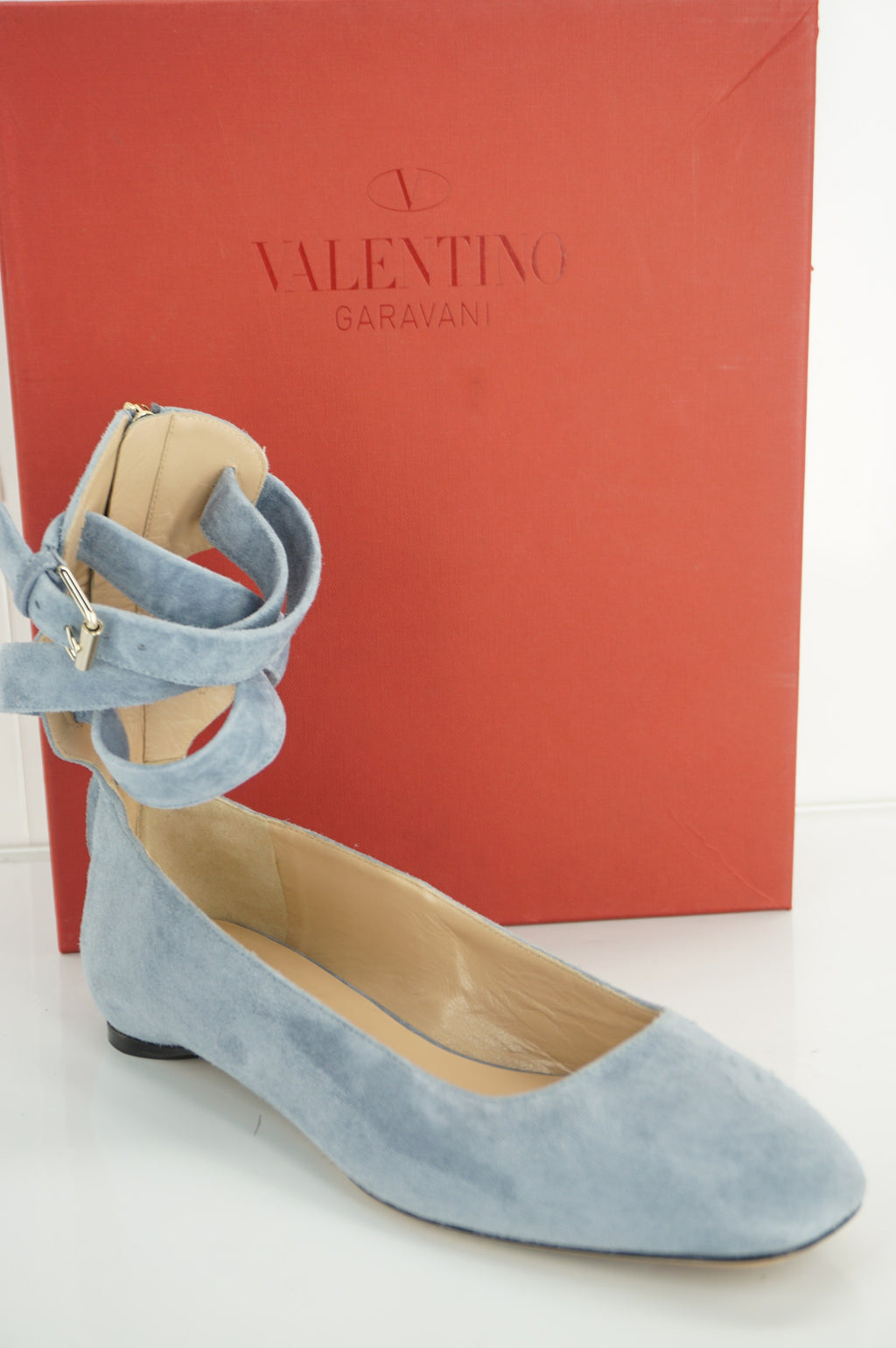 Valentino Plum Ankle Wrap Ballerina Flats SZ 38 Sky Blue Suede $945 NIB