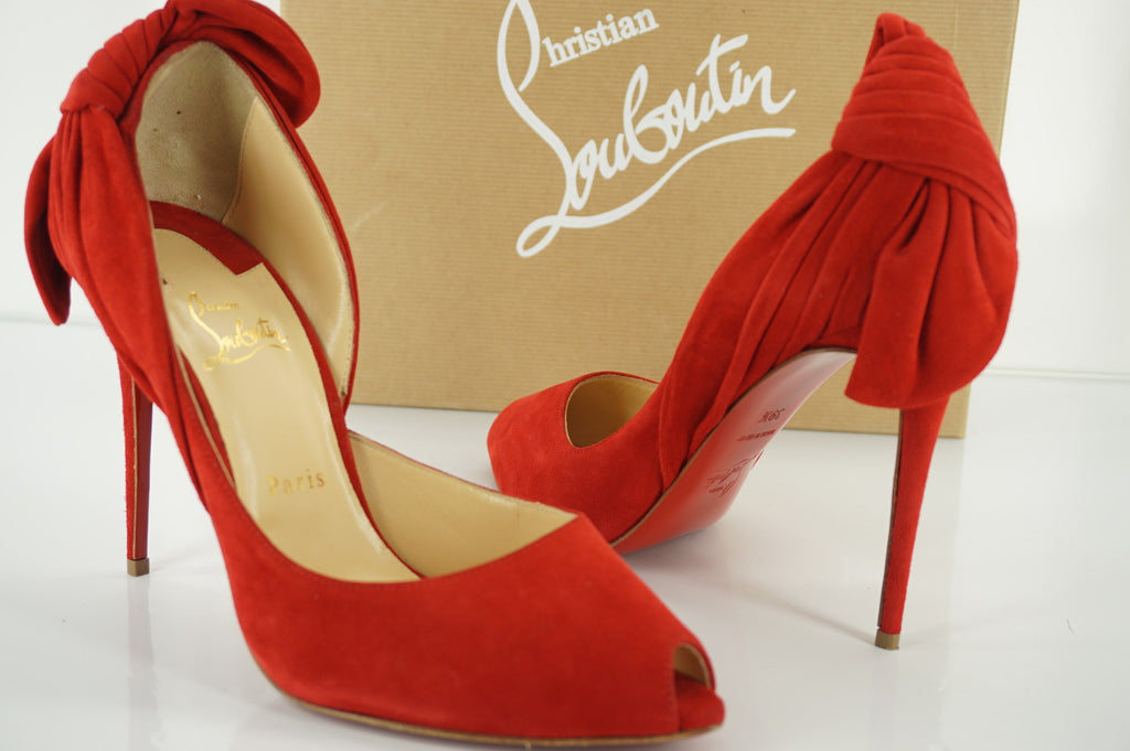 Christian Louboutin Red Suede Barbara Bow Heels d'Orsay Pumps Size 39.5 NIB $995