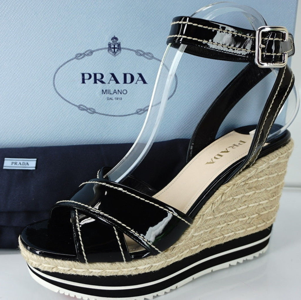 Prada Patent Ankle Strap Platform Espadrille Wedge Sandals SZ 40 10 NIB $850