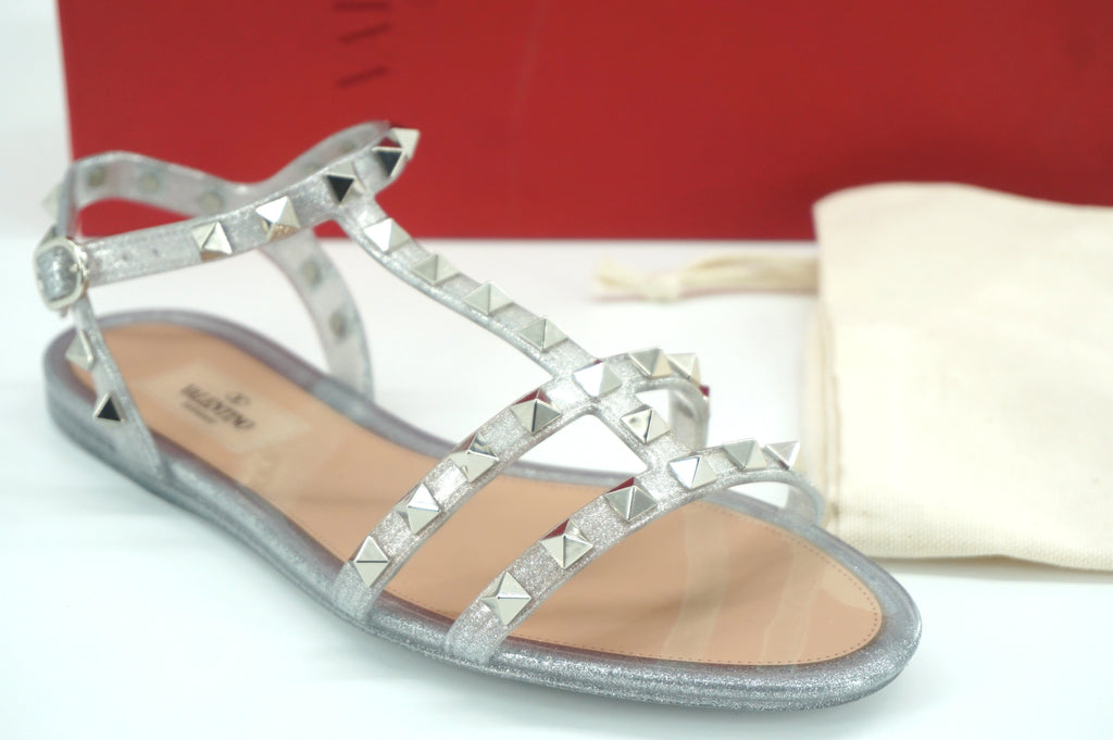 Valentino Rockstud Gladiator Thong Jelly PVC Sandal SZ 37 New Silver Glitter$495