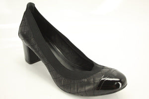 Tory Burch Black Leather Carrie Pumps SZ 7.5 Quilted Cap Toe Logo mid Heel $250