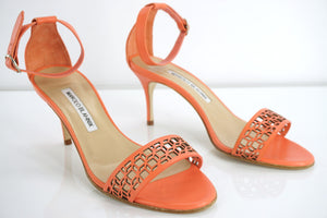 Manolo Blahnik Coral Leather Maurila Ankle Chaos Cuff Sandals size 36.5 NIB $815