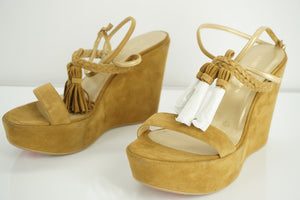 Stuart Weitzman Tasselmania Camel Suede Wedge Sandal Size 10 NIB $455