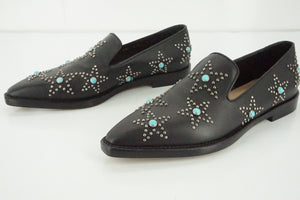 Valentino Black Leather Beatles Star Studded Pointy Loafers Size 37 NIB $1095 Sz