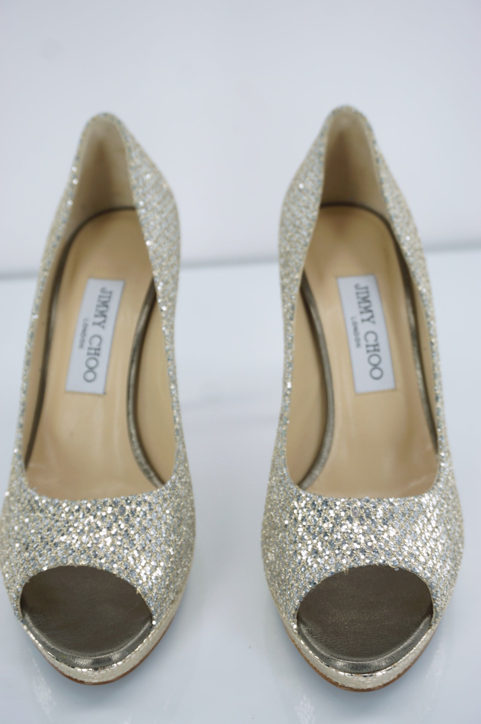 Jimmy Choo Luna Glitter Peep Toe Pumps SZ 37.5 High Heels platform $675