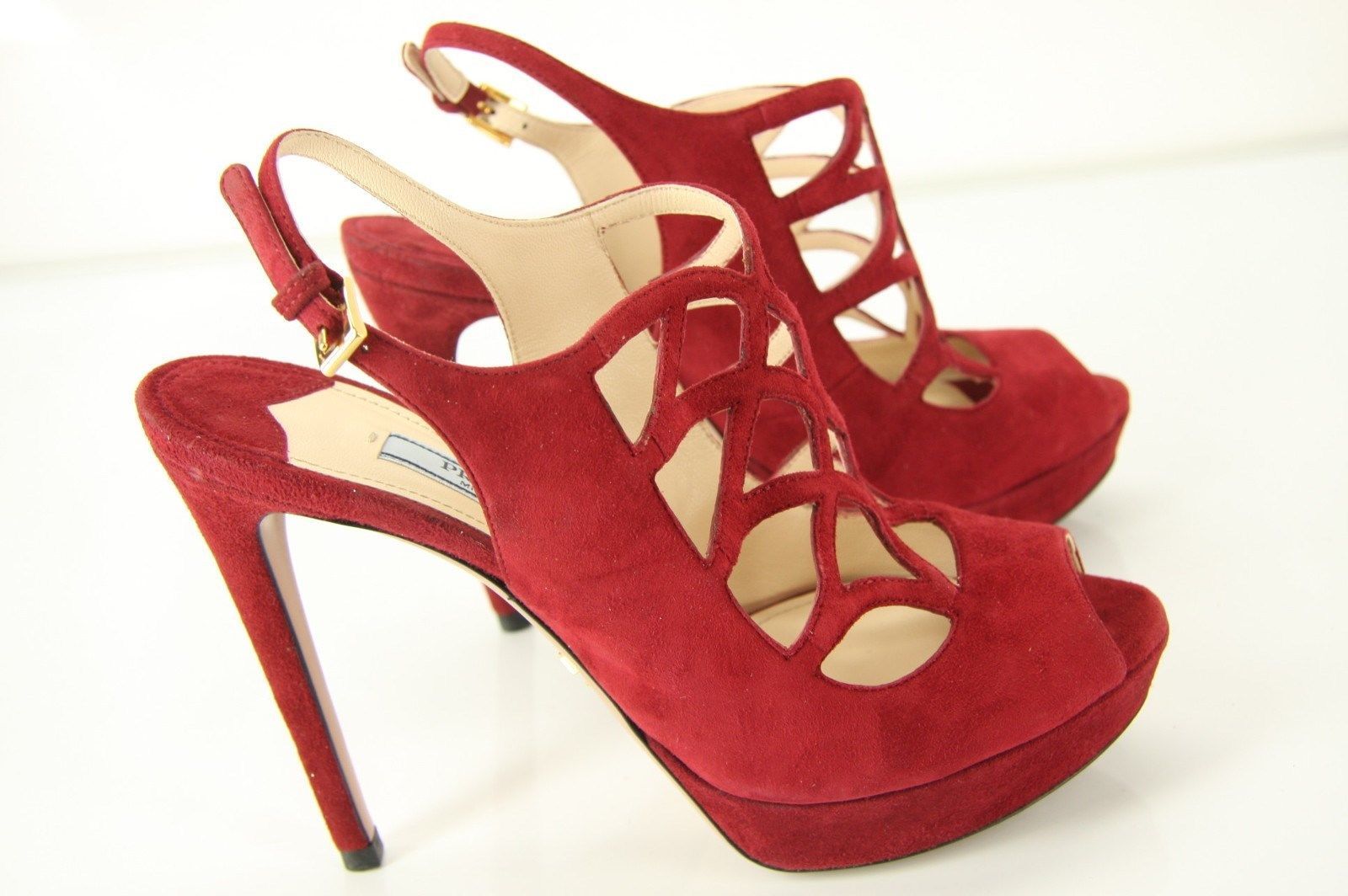 Prada Caged Red Suede Strappy Platform High Heel Sandals Size 36.5 New $850