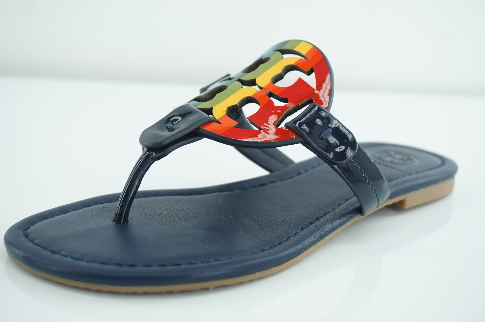 Tory Burch Miller Navy Leather Rainbow Logo Thong Sandal Size 4 Slide