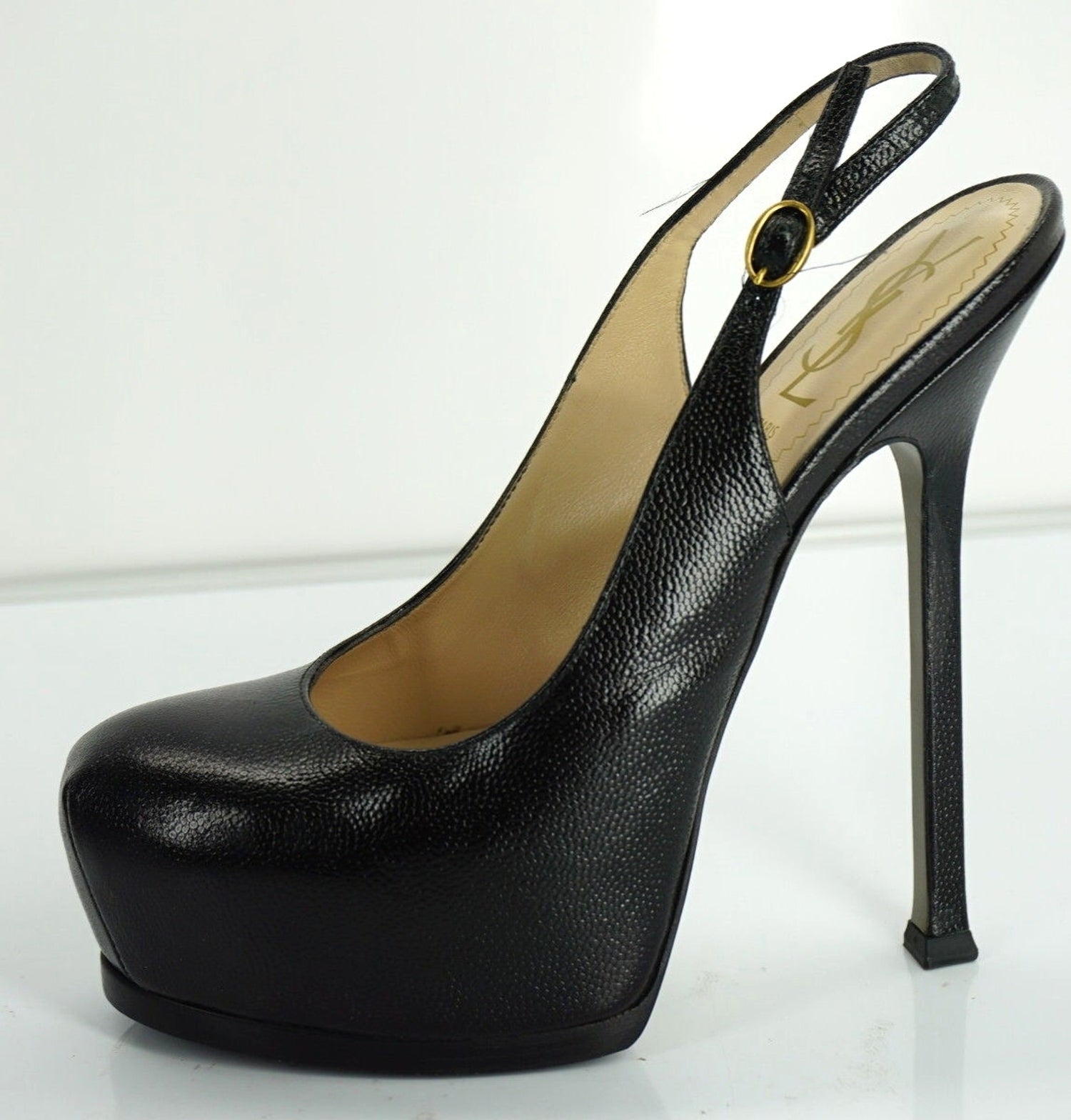 Saint Laurent Textured Patent Tribute Slingback Hidden Platform Pump SZ 37 $850