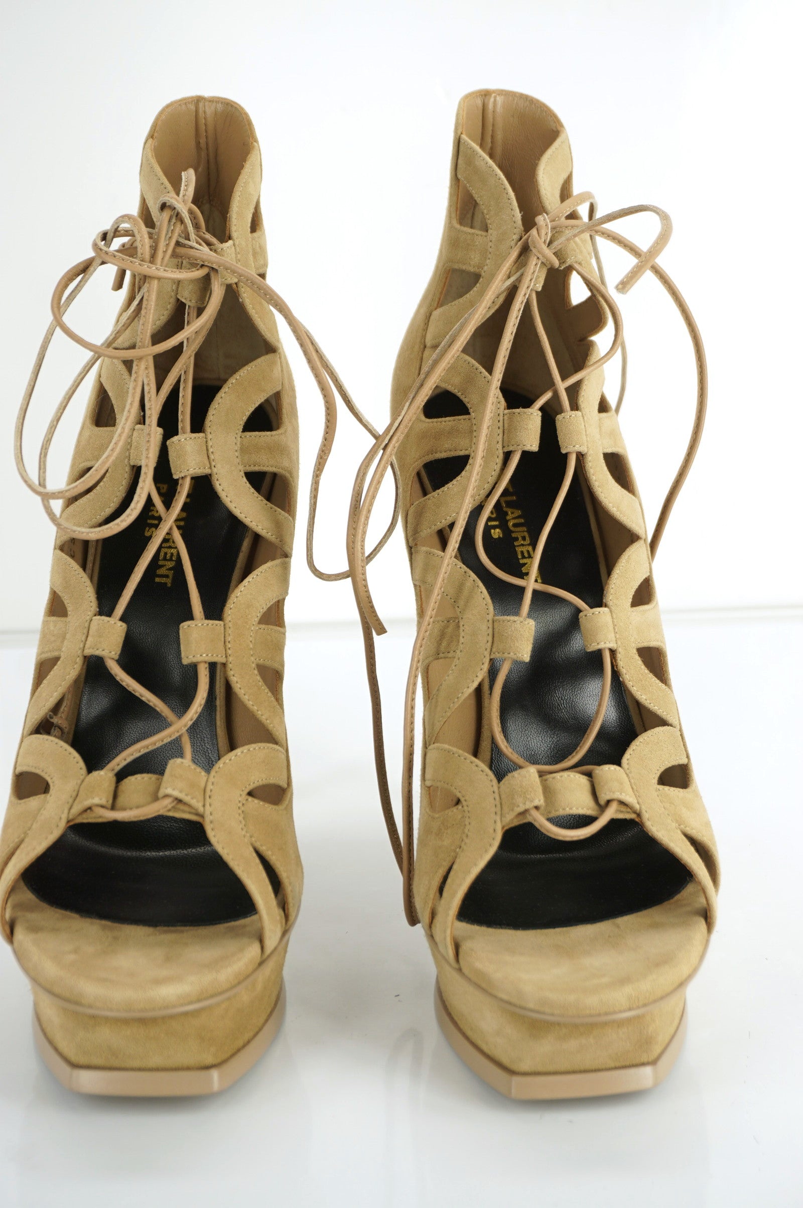 SAINT LAURENT Tribute Lace-Up Platform Sandals SZ 40 10 Taupe Suede YSL $995 NIB