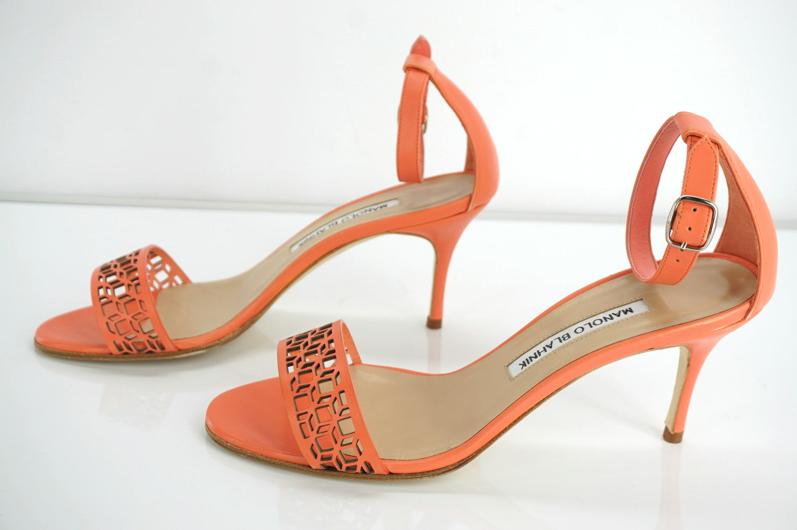 Manolo Blahnik Coral Leather Maurila Ankle Chaos Cuff Sandals size 36.5 NIB $815